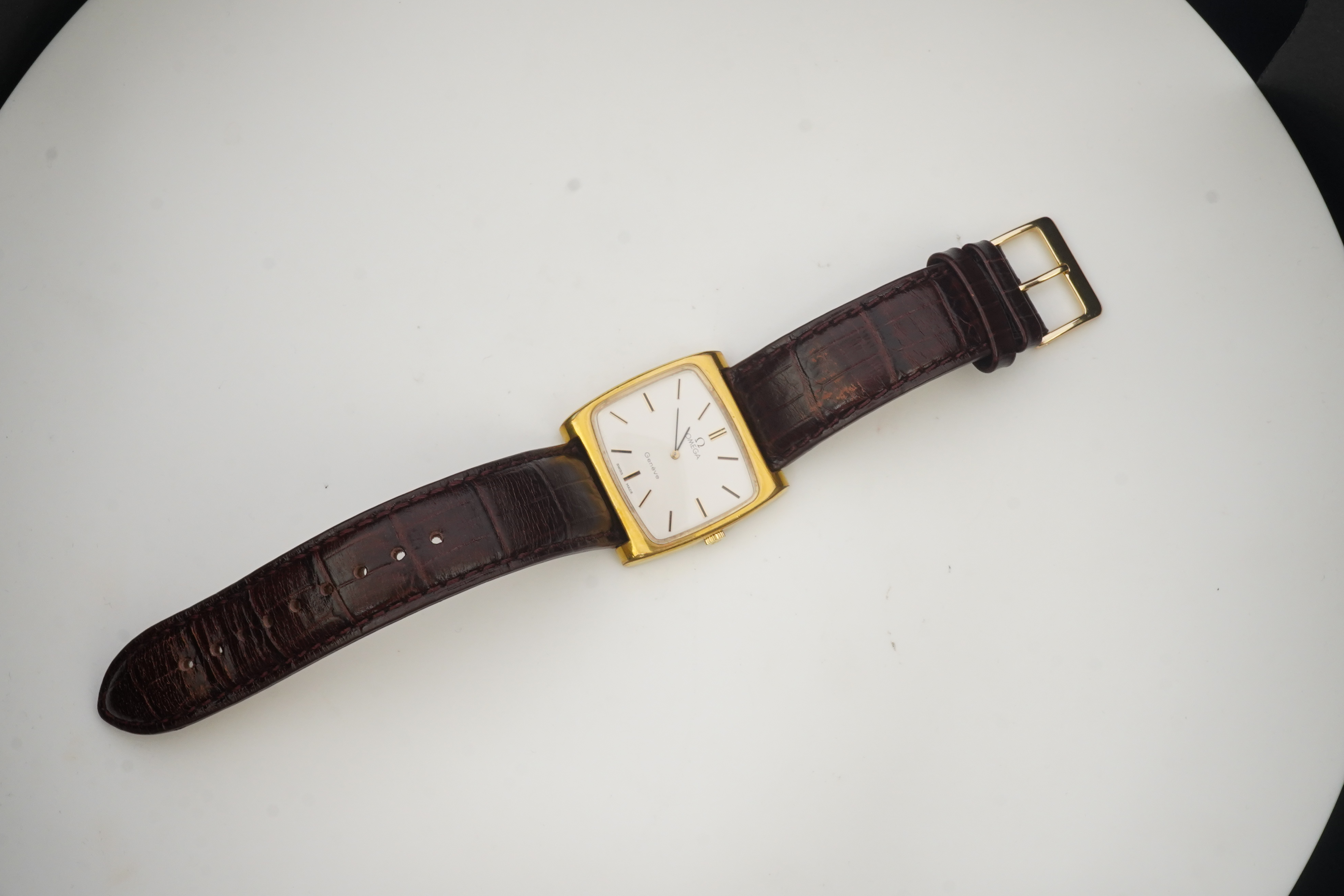 A gentleman's 1970's? steel and gold plated Omega manual wind dress wrist watch, on a later associated leather strap